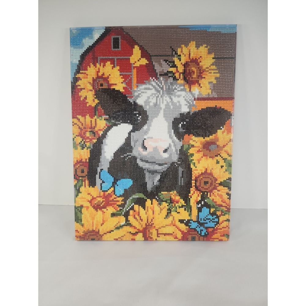 Completed Gem Art Cow Sunflowers‎ County Barn 15.5 Inches X 11.75 Inches Canvas